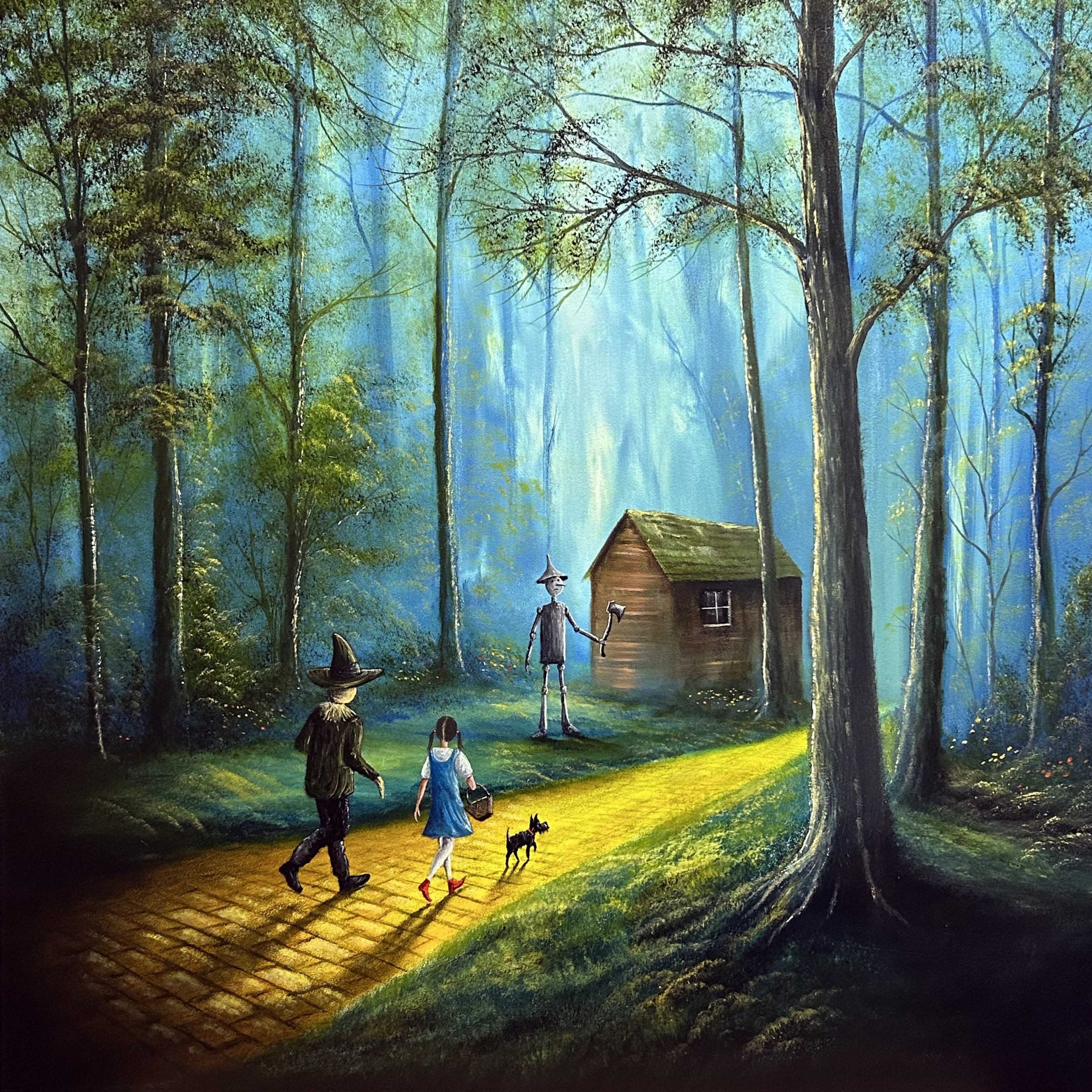 The Heart Of Oz wizard of oz inspired art print with Dorothy and Totowalking along the yellow brick road through a forest by Danny Abrahams Art