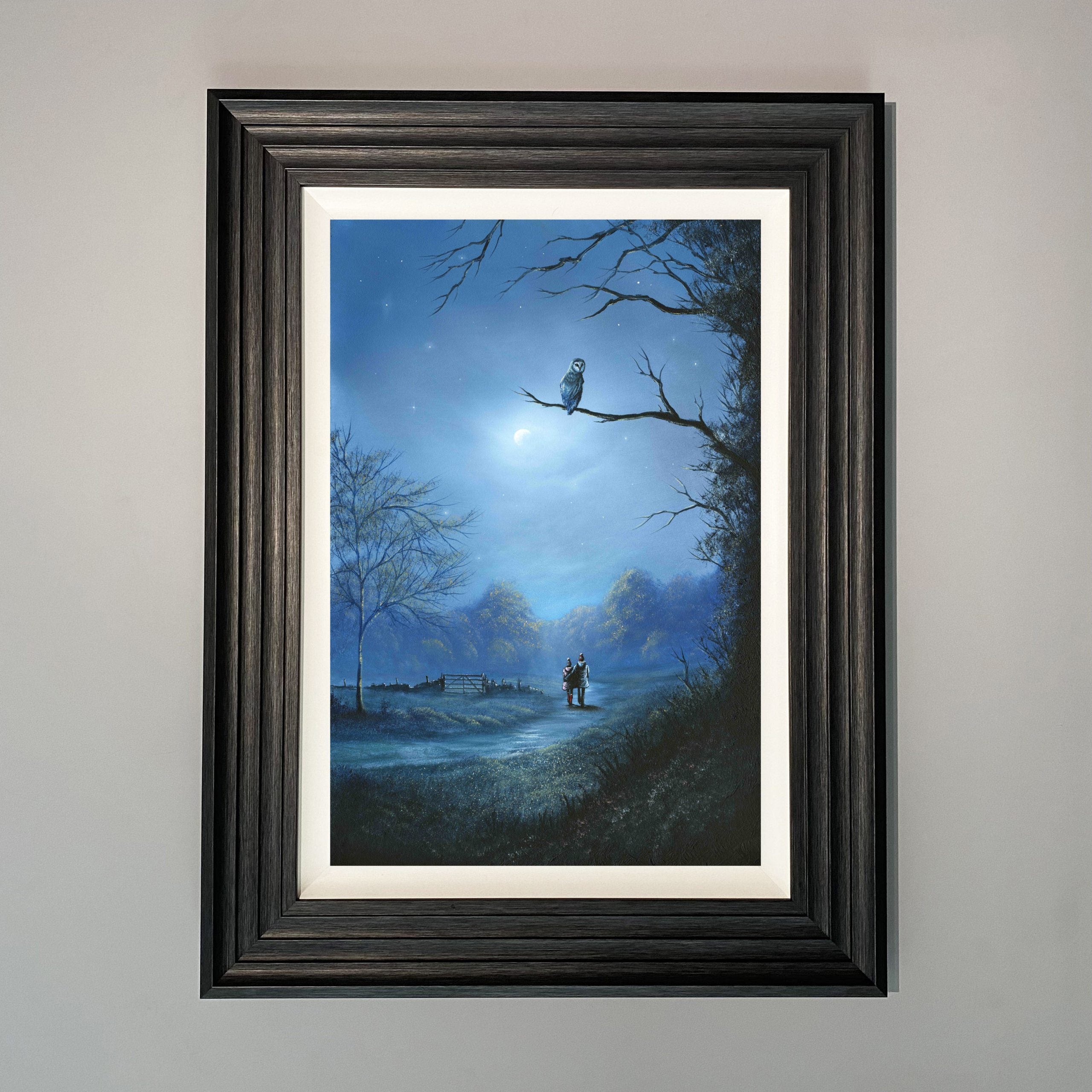 The night is silent moonlit landscape art print with owl perched in tree and couple walking along countryside path by Danny Abrahams 