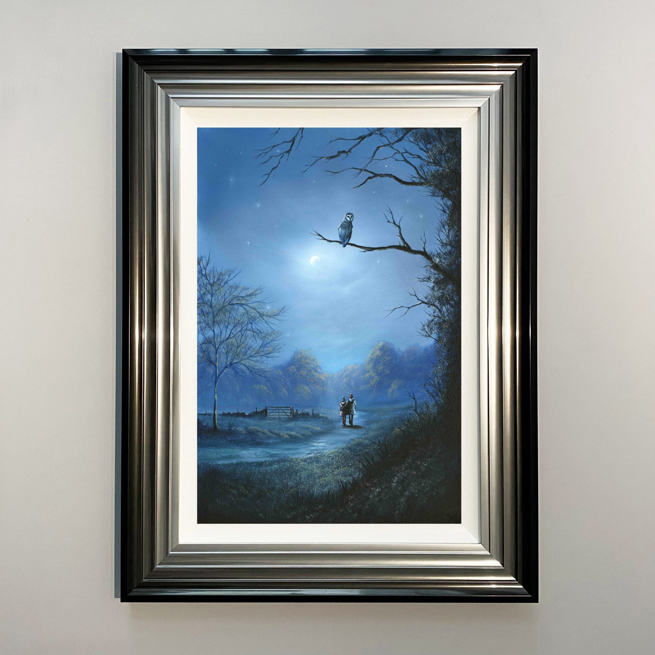 The night is silent moonlit landscape art print with owl perched in tree and couple walking along countryside path by Danny Abrahams 