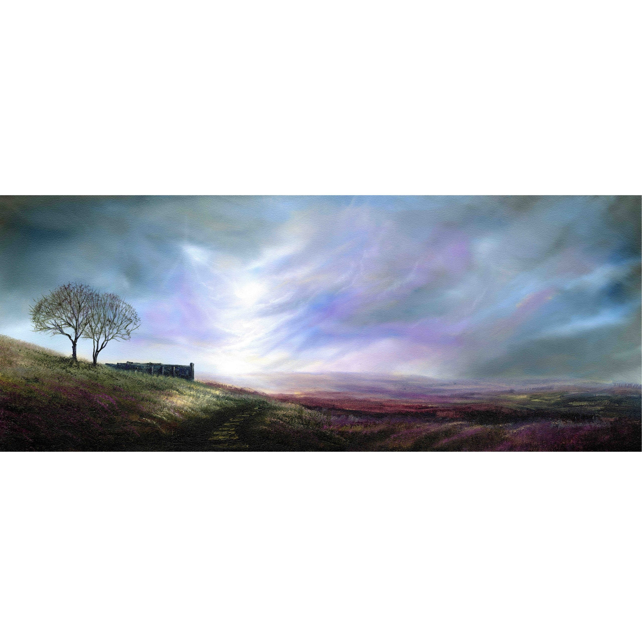 The Spirit Of The Moors landscape art painting print by Danny Abrahams Art showing Top Withens on the Haworth Yorkshire Moors which is  the inspiration for Wuthering Heights by Emily Brontè. 