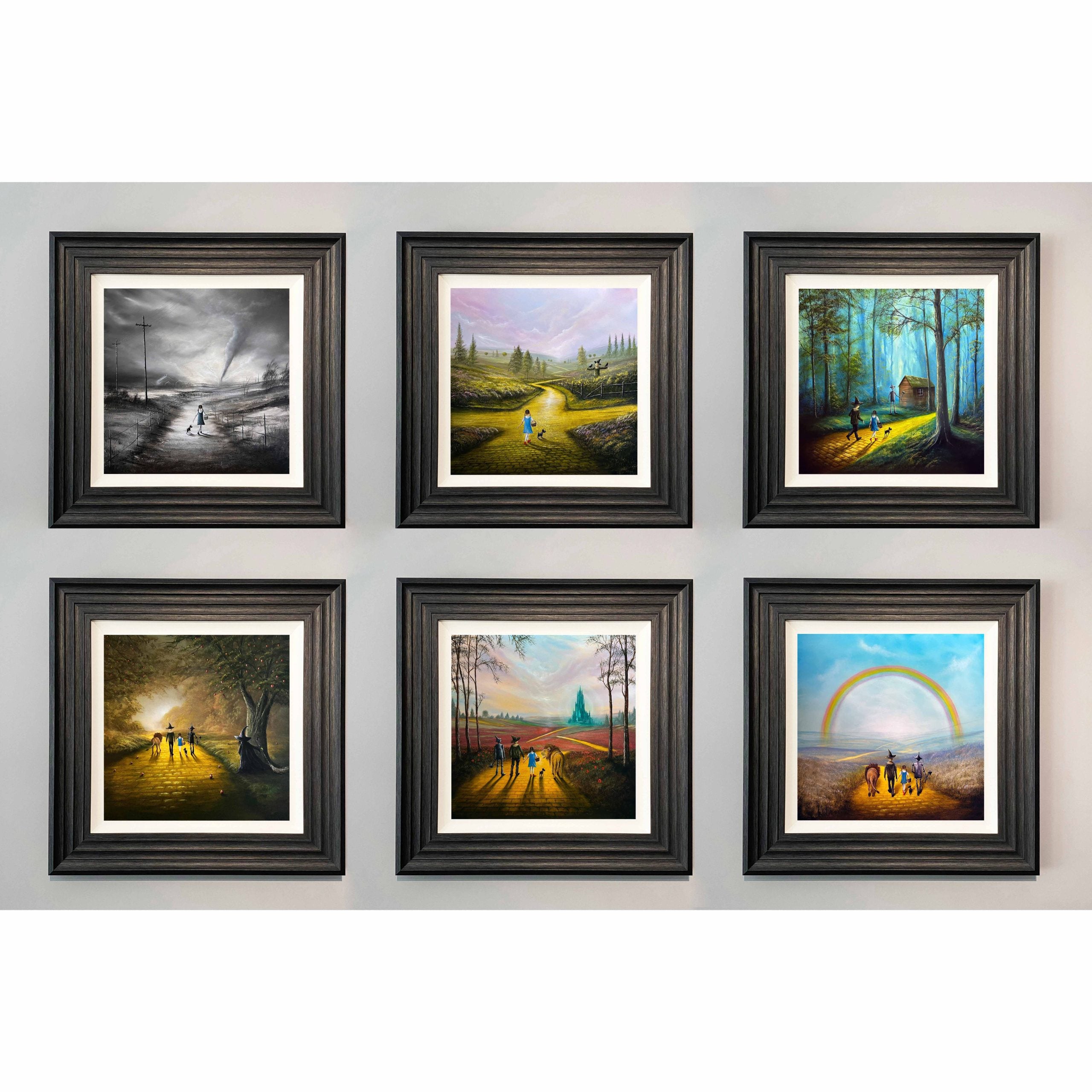 Complete Wizard of Oz art print collection by Danny Abrahams showing six landscape paintings inspired by Dorothy and the yellow brick road