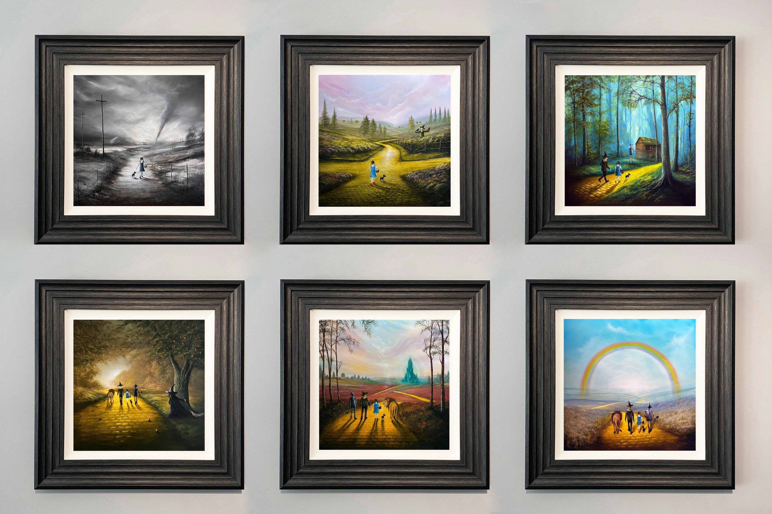 Complete Wizard of Oz art print collection by Danny Abrahams showing six landscape paintings inspired by Dorothy and the yellow brick road