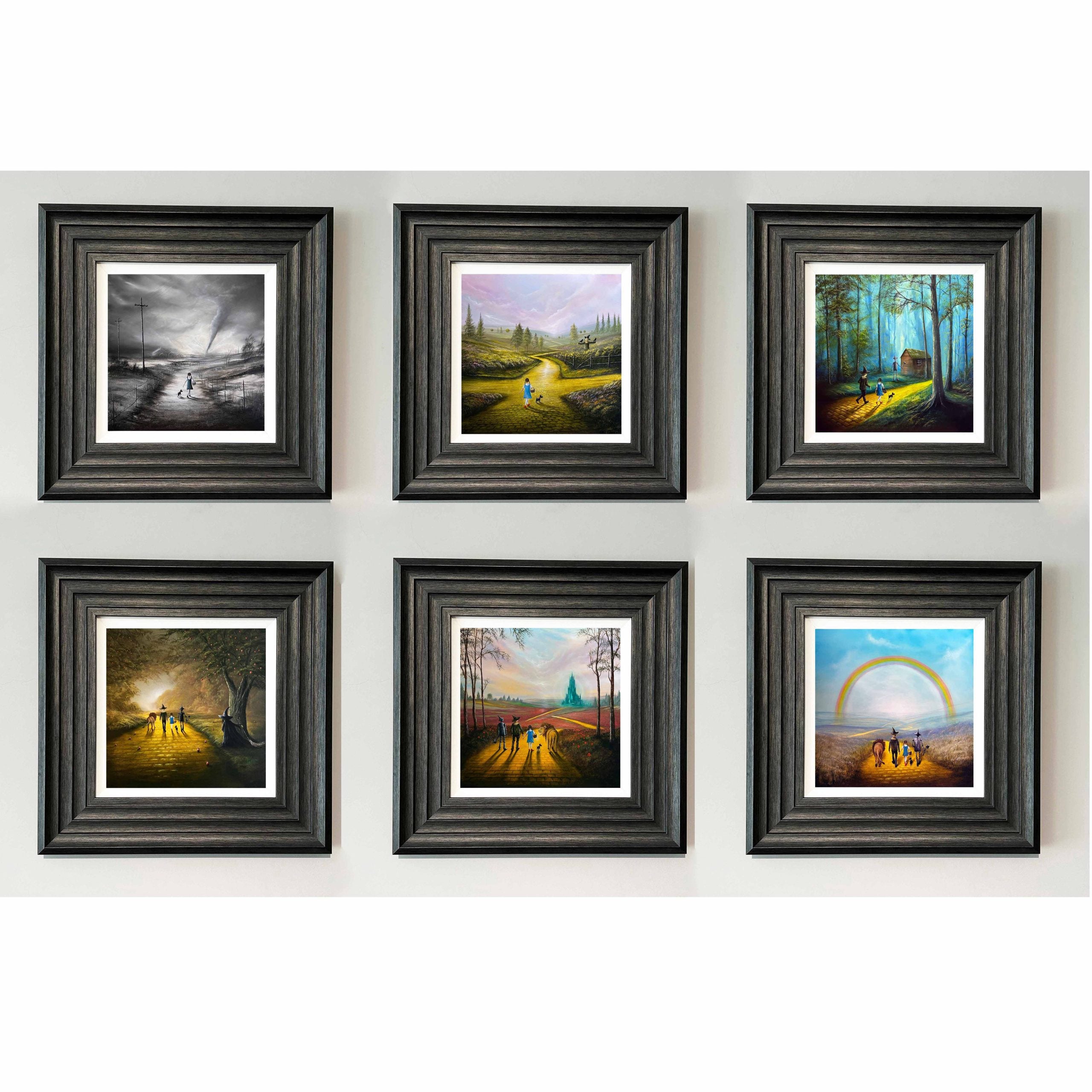 Complete Wizard of Oz art print collection by Danny Abrahams showing six landscape paintings inspired by Dorothy and the yellow brick road
