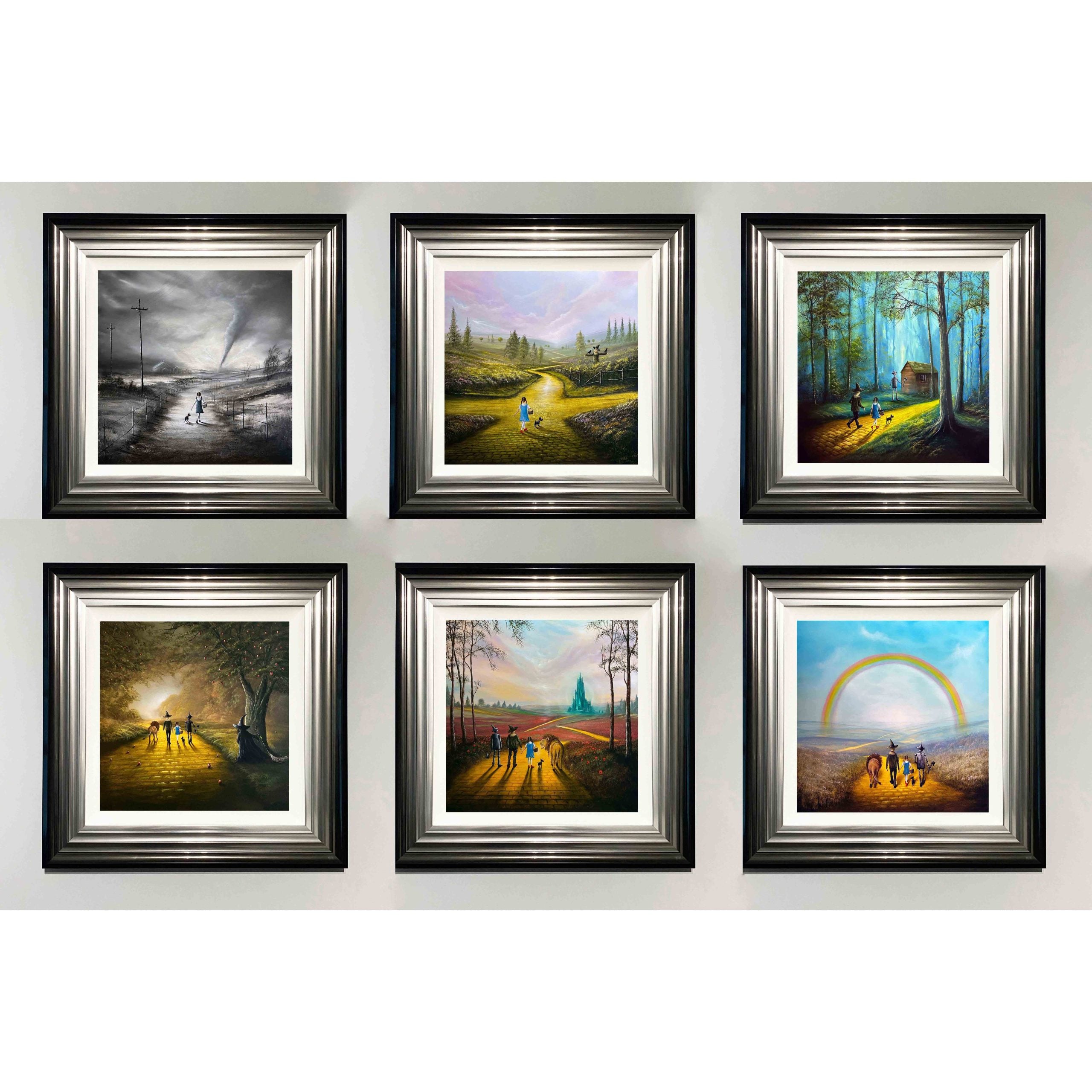 Complete Wizard of Oz art print collection by Danny Abrahams showing six landscape paintings inspired by Dorothy and the yellow brick road