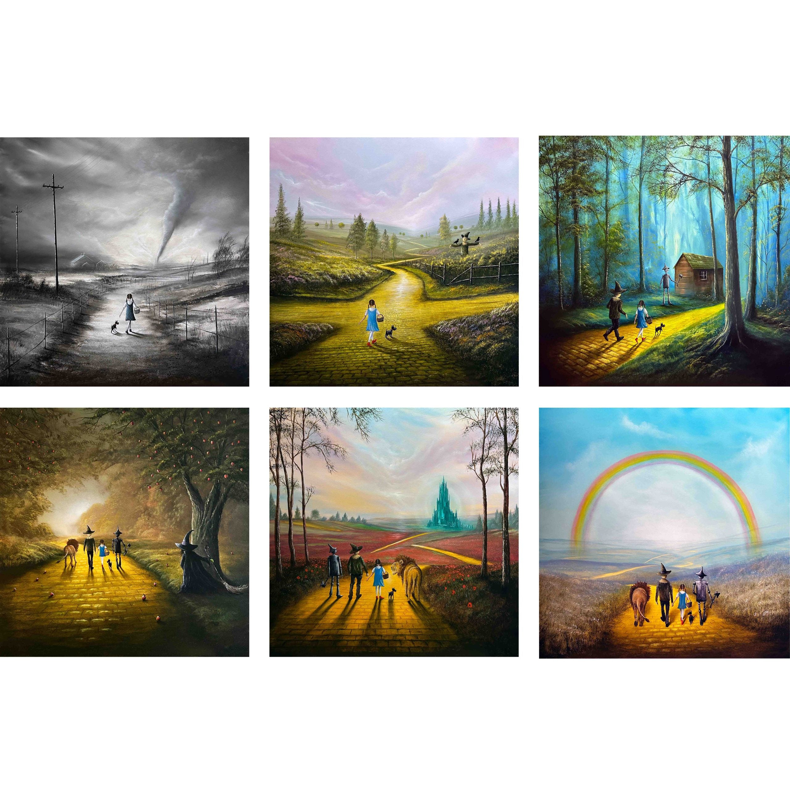 Complete Wizard of Oz art print collection by Danny Abrahams showing six landscape paintings inspired by Dorothy and the yellow brick road