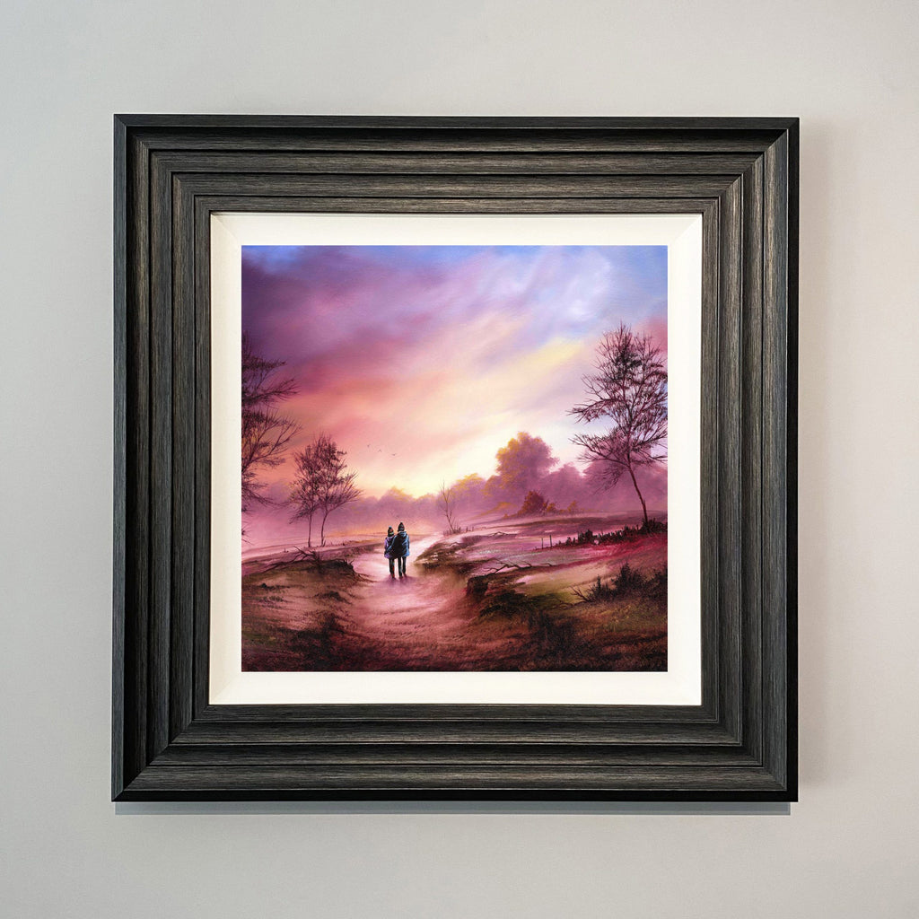 couple walking together along a countryside landscape path beneath a colourful sunset sky. painting by Danny Abrahams Art
