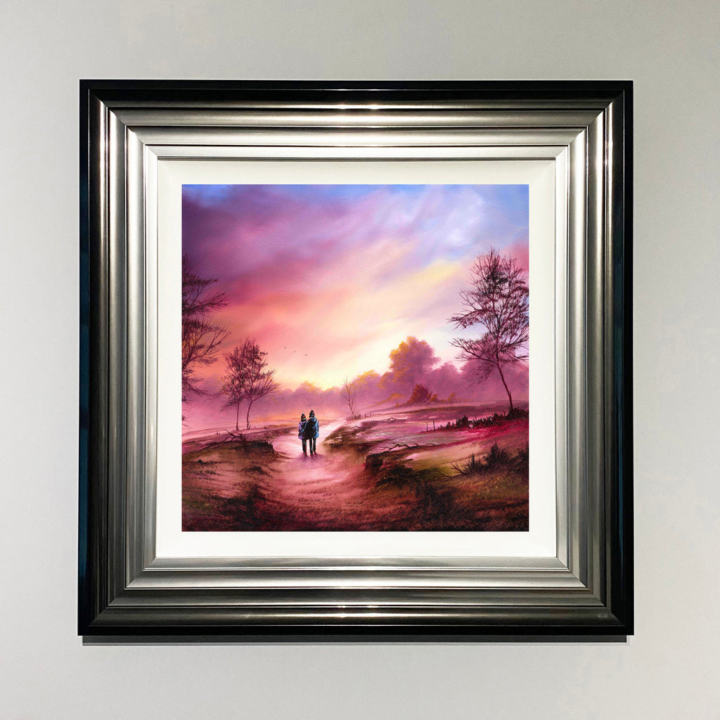 couple walking together along a countryside landscape path beneath a colourful sunset sky. Painting by Danny Abrahams Art