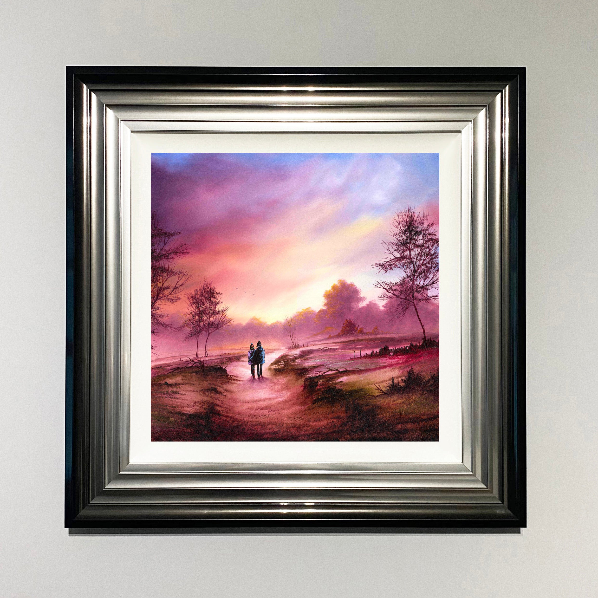 couple walking together along a countryside landscape path beneath a colourful sunset sky. Painting by Danny Abrahams Art