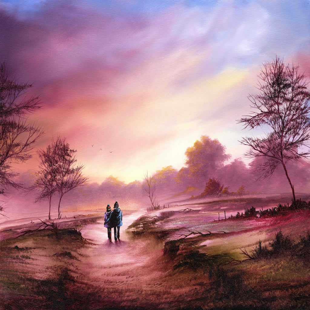 couple walking through the British Countryside landscape art by Danny Abrahams Art. 