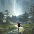 warmth beyond the rain landscape art print  of a couple walking in the countryside in the rain together under an umbrella by Danny Abrahams 