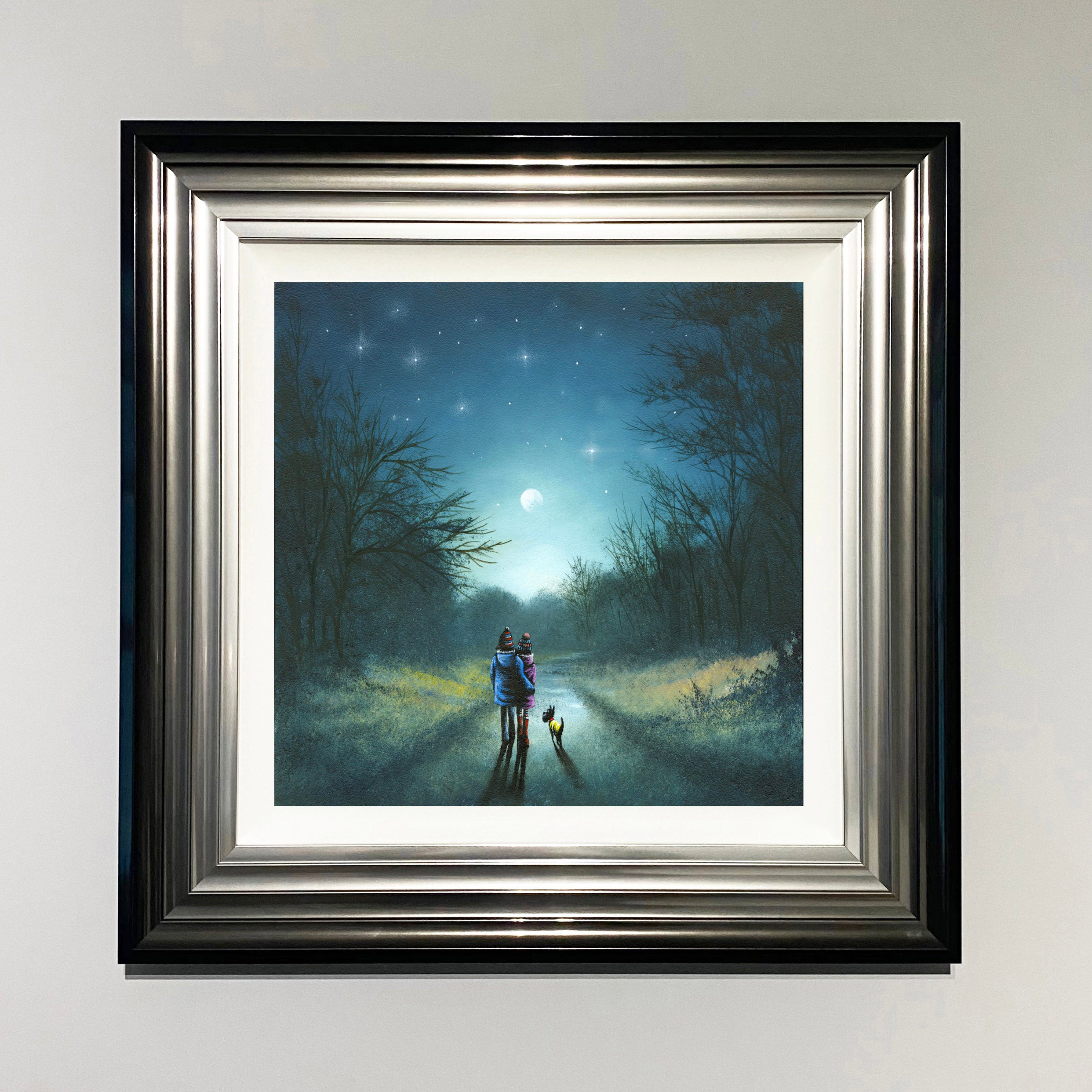 What A Beautiful Night taking the dog for a romantic moonlit evening walk bathed in starlight through a woodland landscape 