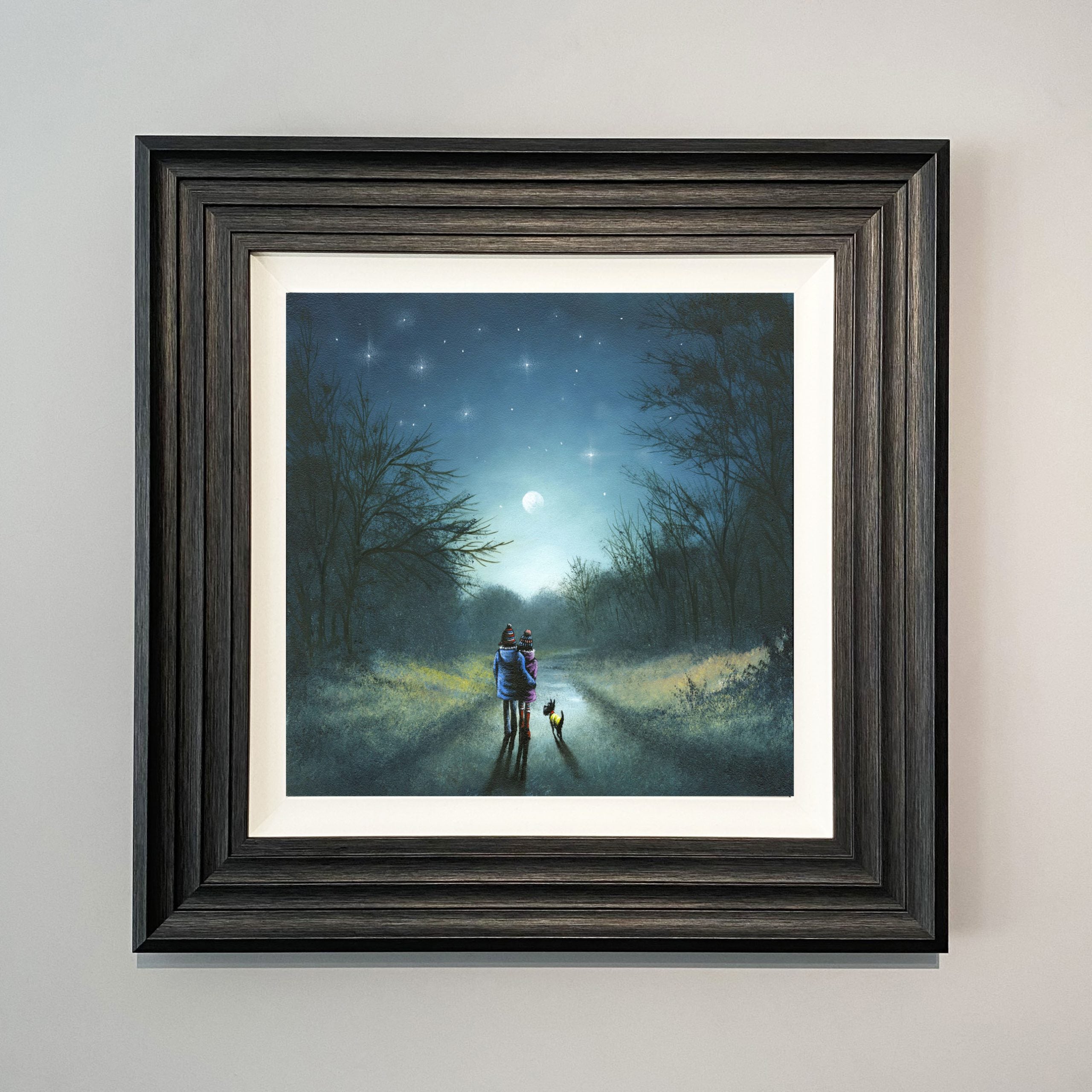 What A Beautiful Night taking the dog for a romantic moonlit evening walk bathed in starlight through a woodland landscape 