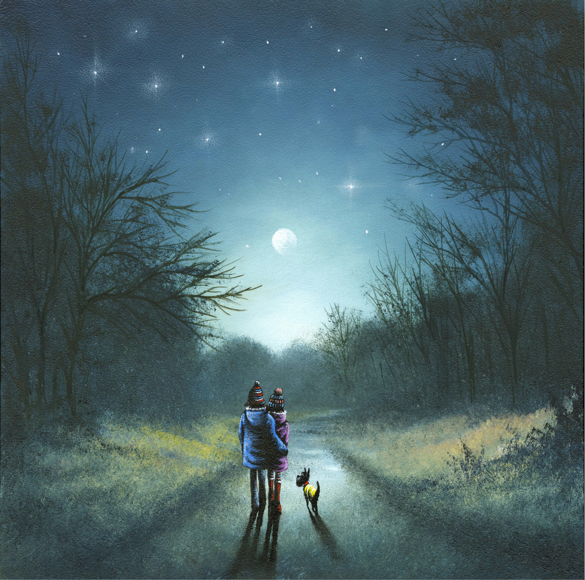 What A Beautiful Night taking the dog for a romantic moonlit evening walk bathed in starlight through a woodland landscape 