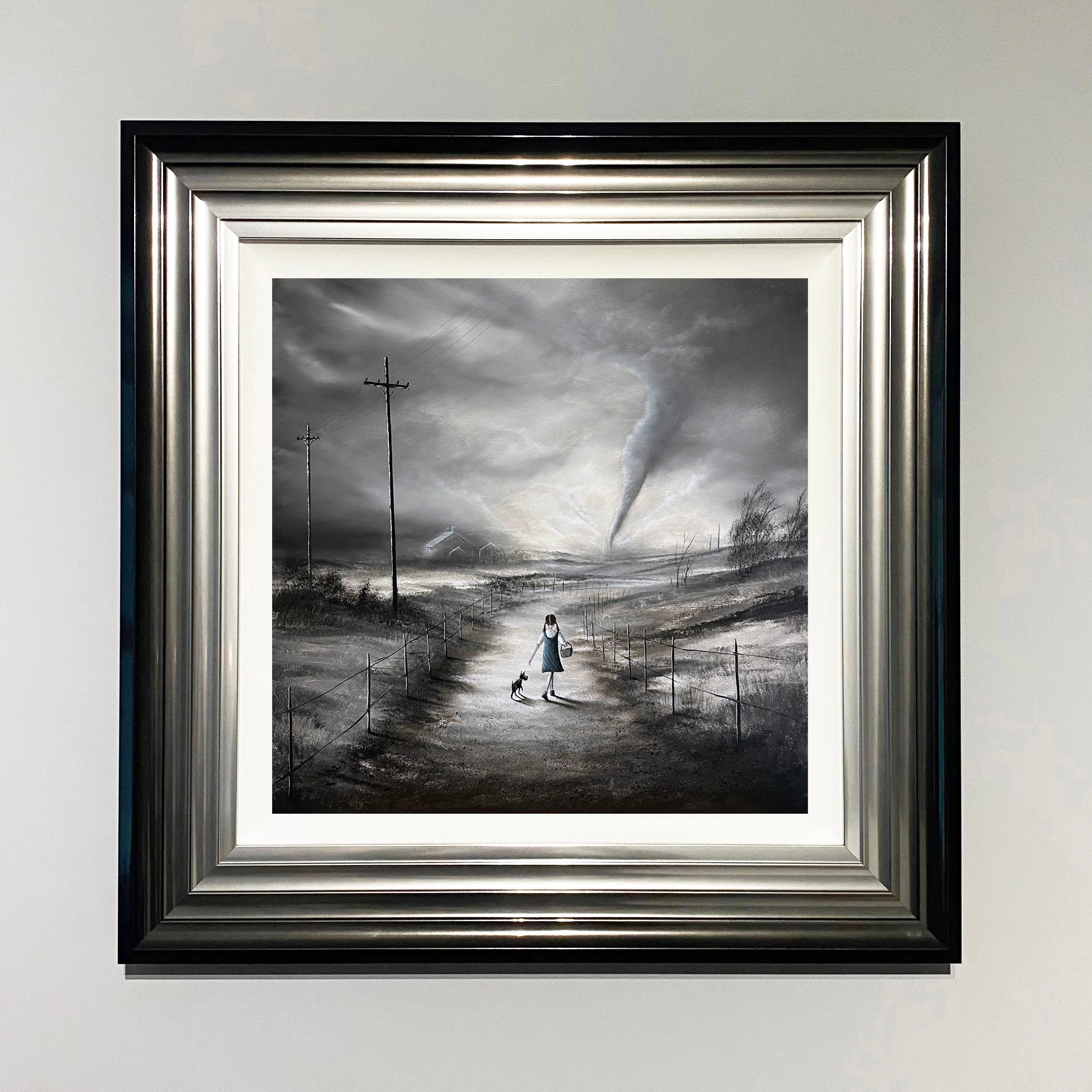 Whirlwind To Oz Wizard of Oz landscape art print with Dorothy and Toto walking towards tornado by Danny Abrahams