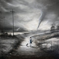 Whirlwind To Oz Wizard of Oz landscape art print with Dorothy and Toto walking towards tornado by Danny Abrahams Art