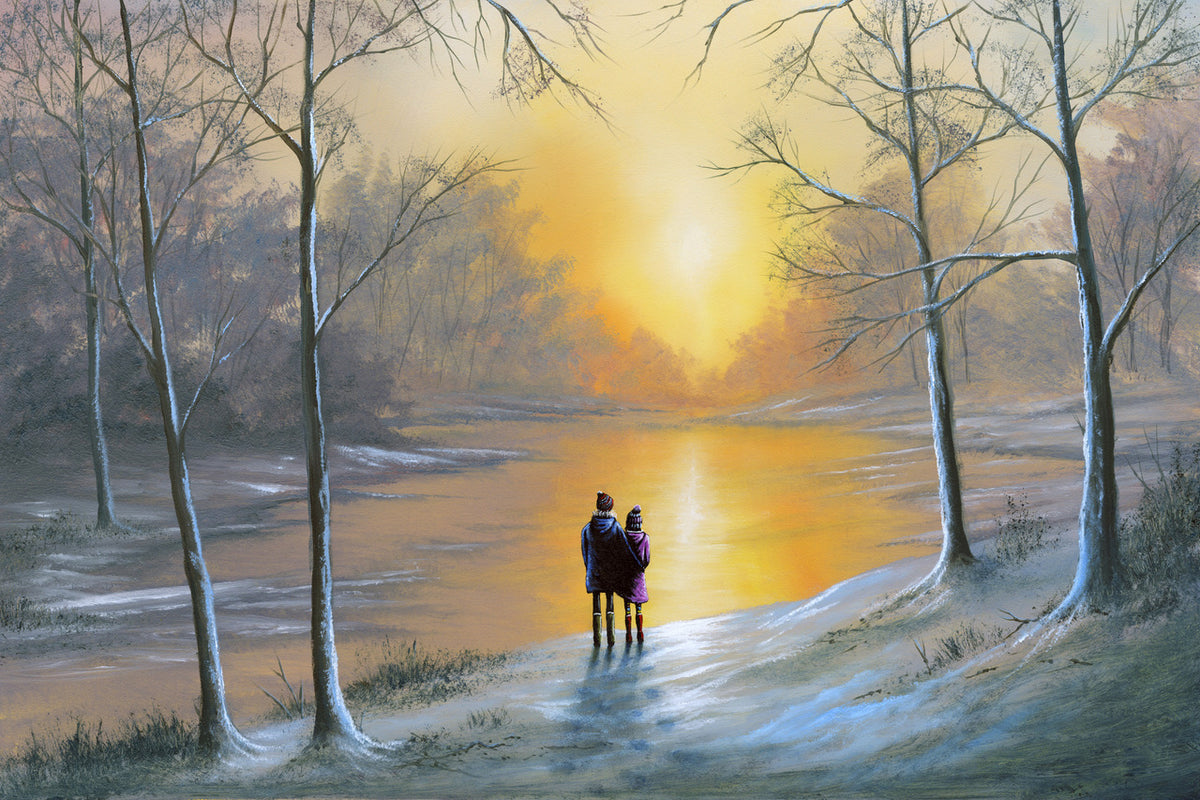 A painted winter woodland landscape at sunset with bare trees, a glowing golden sky, and a couple looking out over the water. art by Danny Abrahams