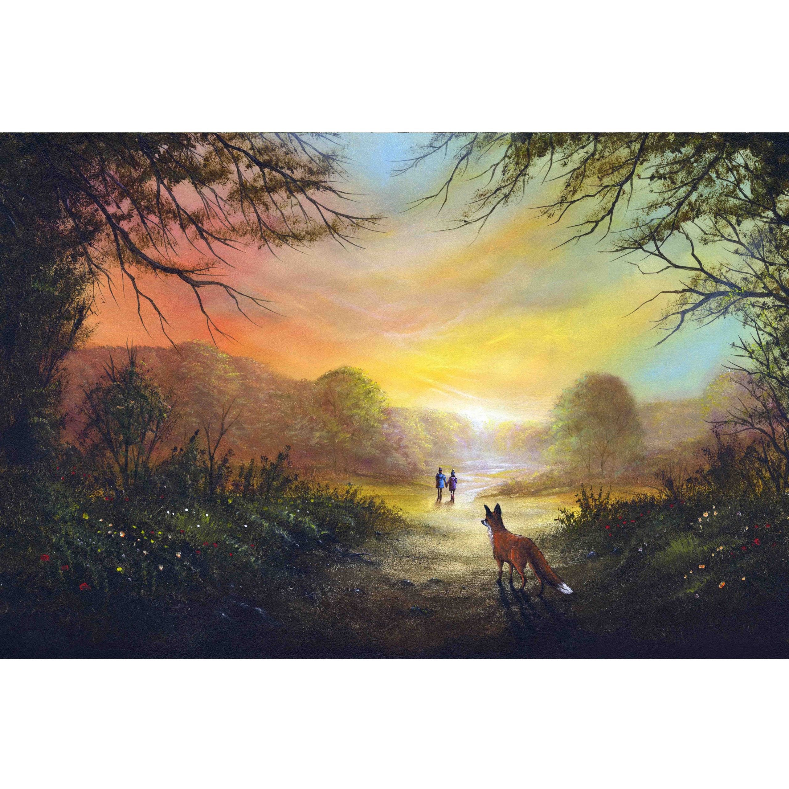 Woodland Wonders atmospheric British woodland wildlife landscape fine artwork by Danny Abrahams art. With a fox looking out of the trees. 